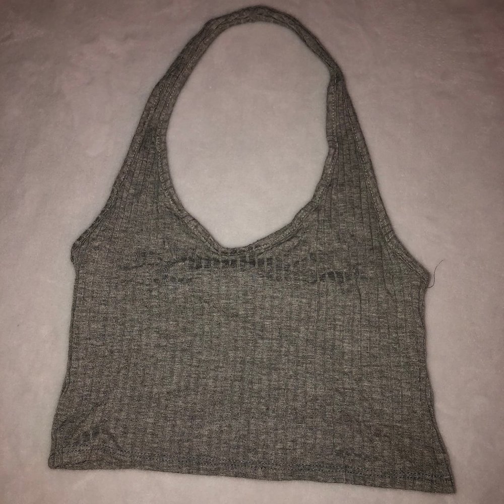 Grey Ribbed Halter Neck Crop Top